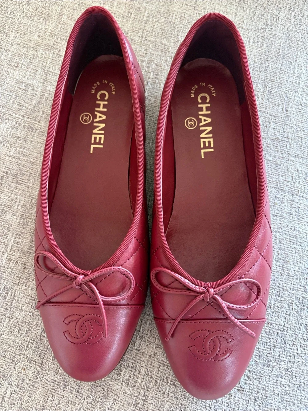 CHANEL Burgundy Quilted CC Bow Ballet Flats